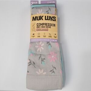 MUK LUKS GRAY PINK TEAL FLORAL COMPRESSION KNEE-HIGH SOCKS 3-PAIR SET NWT